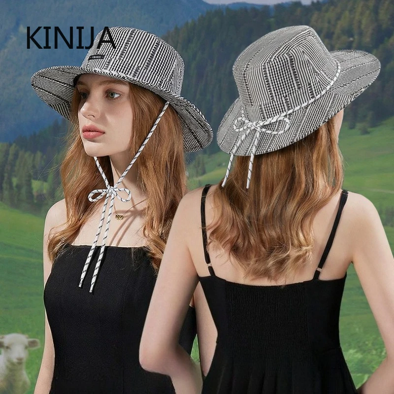 Koreanischer Stil Großer Rand Bucket Hat für Damen mit Kordelzug Dünner Sommerhut Atmungsaktiver Outdoor-Strand-Sonnenschutzhut