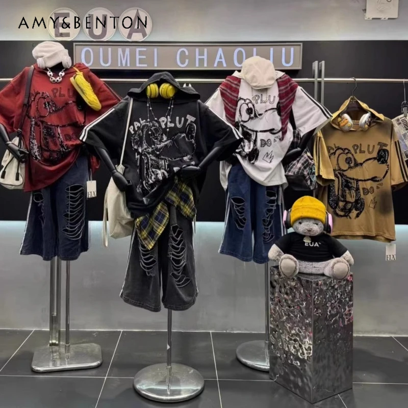 

New Spring Summer American Retro Washed Tshirt Heavy Beaded Cartoon Hooded Short Sleeved T-shirt Women's Loose Slimming Ins Tees