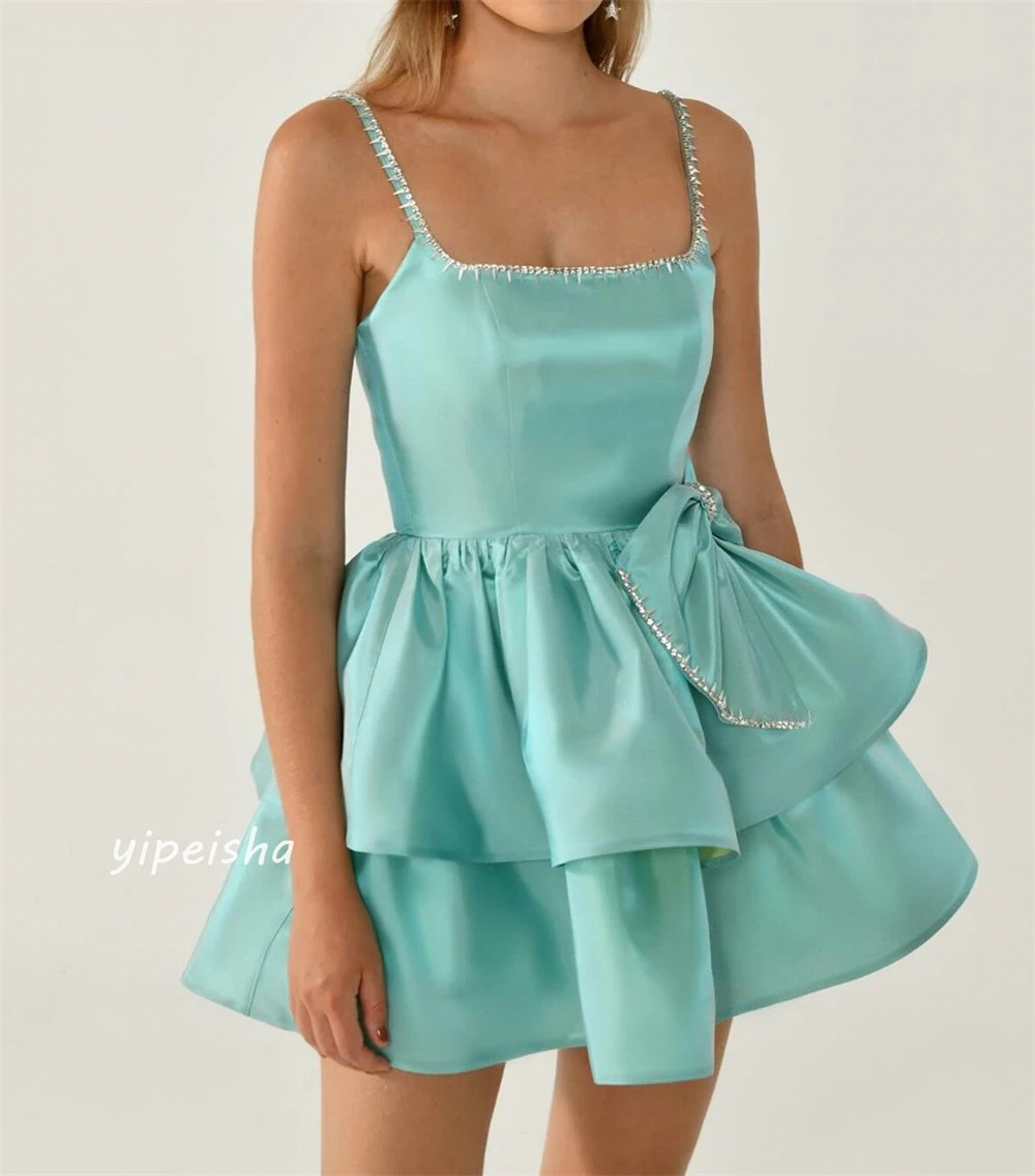 Satin Bow Draped Tiered Clubbing A-line Square Collar Bespoke Occasion Gown Short Dresses