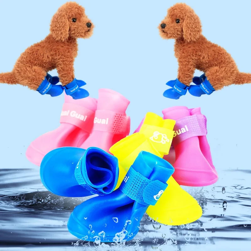 

4pcs/Set Candy Color Rubber Waterproof Dog Shoes Ajustable Anti Slip Soft Outdoor Pet Rain Shoes Pet Accessories