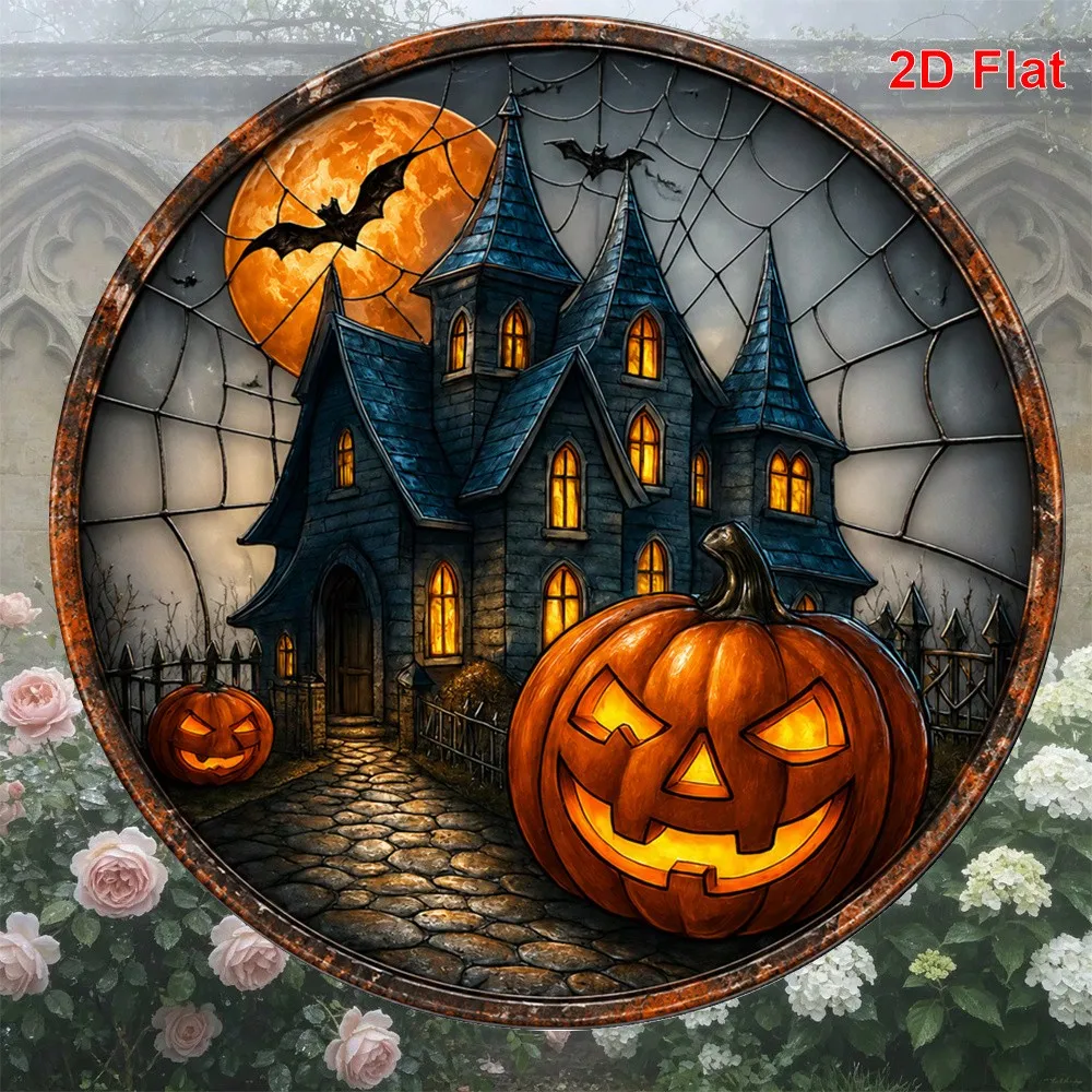 2D,8inch,Halloween Pumpkin, Haunted House, And Bat Patterned Metal Aluminum Sign Circular Decorative Painting,Halloween
