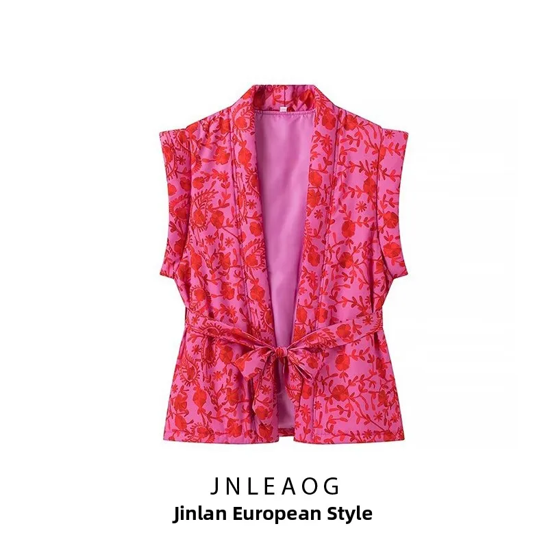 JNLEAOG Fashionable Printed Vest Top Women's Autumn New Style Casual Versatile Polyester Fiber Halflap Collar Belted Garment