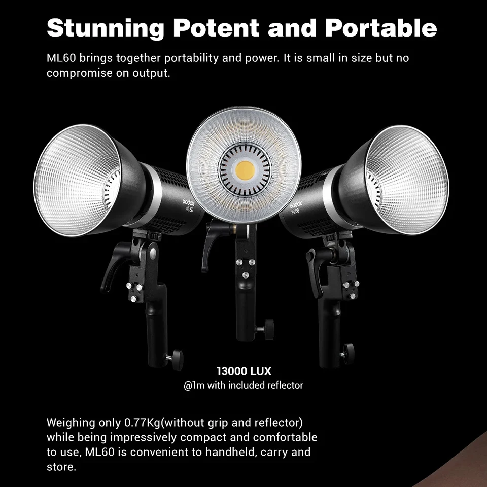 Godox ML60 60W 5600K Daylight LED Monolight CRI 96 TLCI 97 Photography Video Lighting with 8 Special Effects
