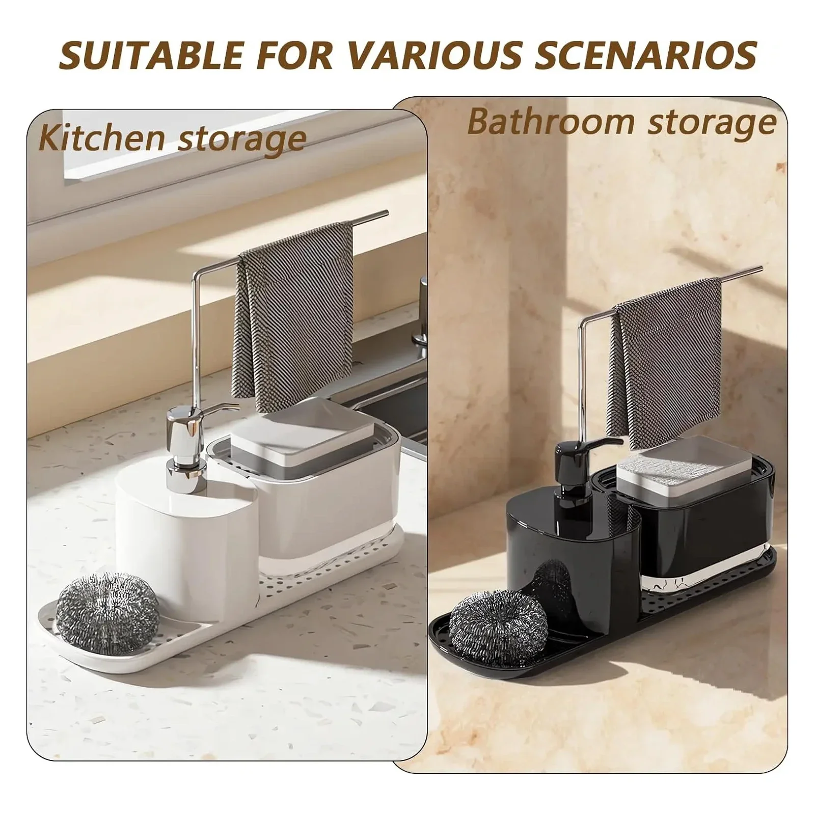 Kitchen Countertop Sink Drain Tray with Manual Press Detergent Dispenser And Towel Rack Detergent Liquid Dispensing Container fo