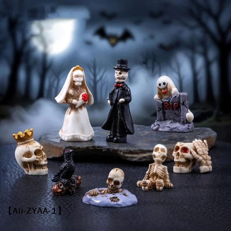 【A】Halloween Miniature Figurine Bone Skull Coffin House Chair Halloween Mini Resin Cartoon Scary Ghost Statue Party Ornaments