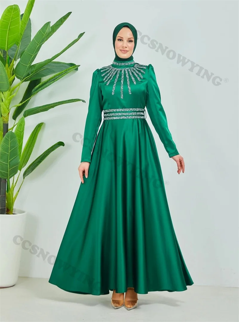 

Elegant Long Sleeve Muslim Evening Dress Stain Beaded High Neck Prom Formal Party Gown Arabic Dubai Women A Line Robe De Soiree