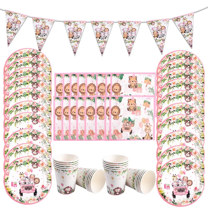 Mädchen Dschungel Tier Party Dekoration Safari Einweg Geschirr Tasse Teller Tischdecken Kinder Geburtstag Party Baby Dusche Liefert