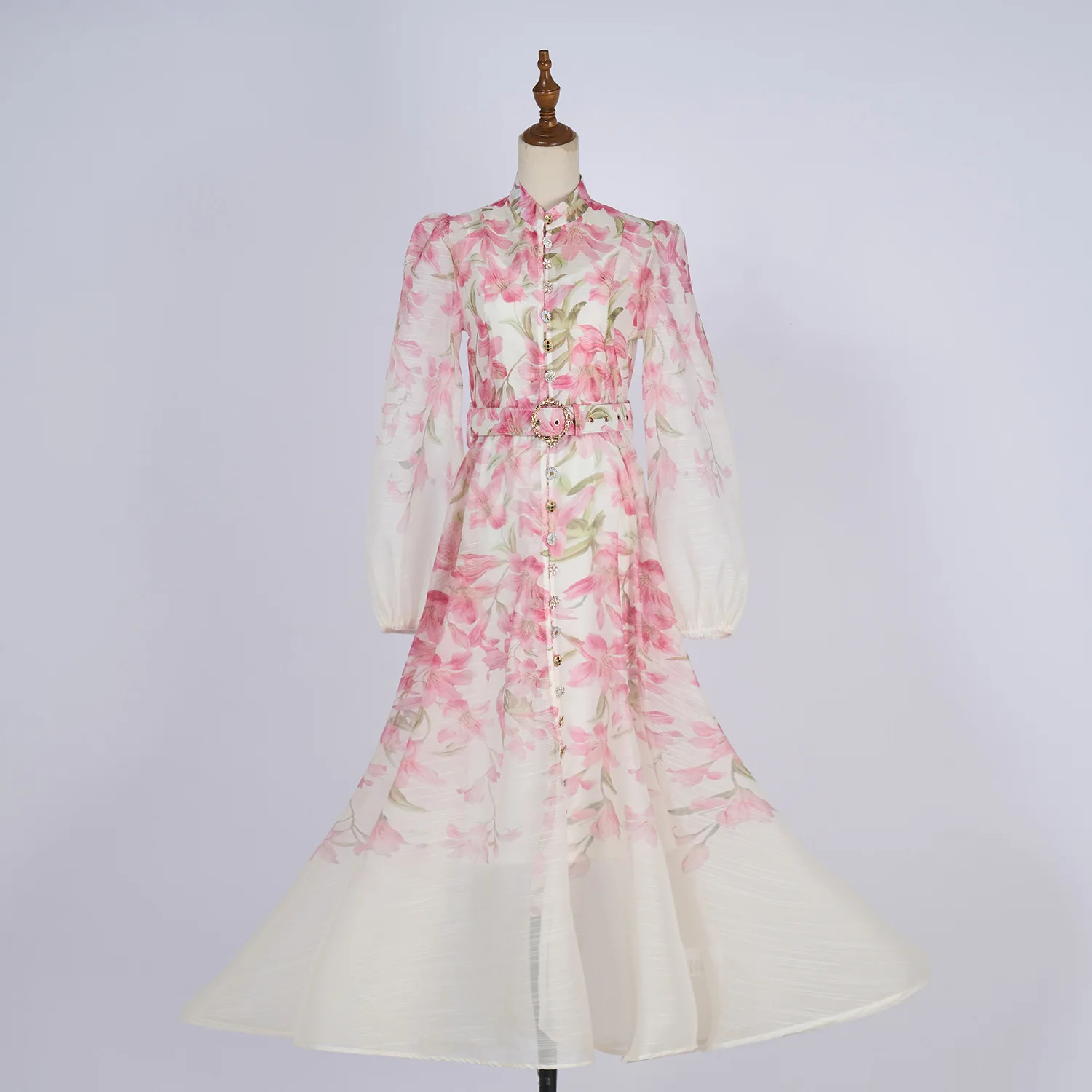 

Summer Women's Dress Print Stand-Up Neck Long Sleeve Fancy Buttons