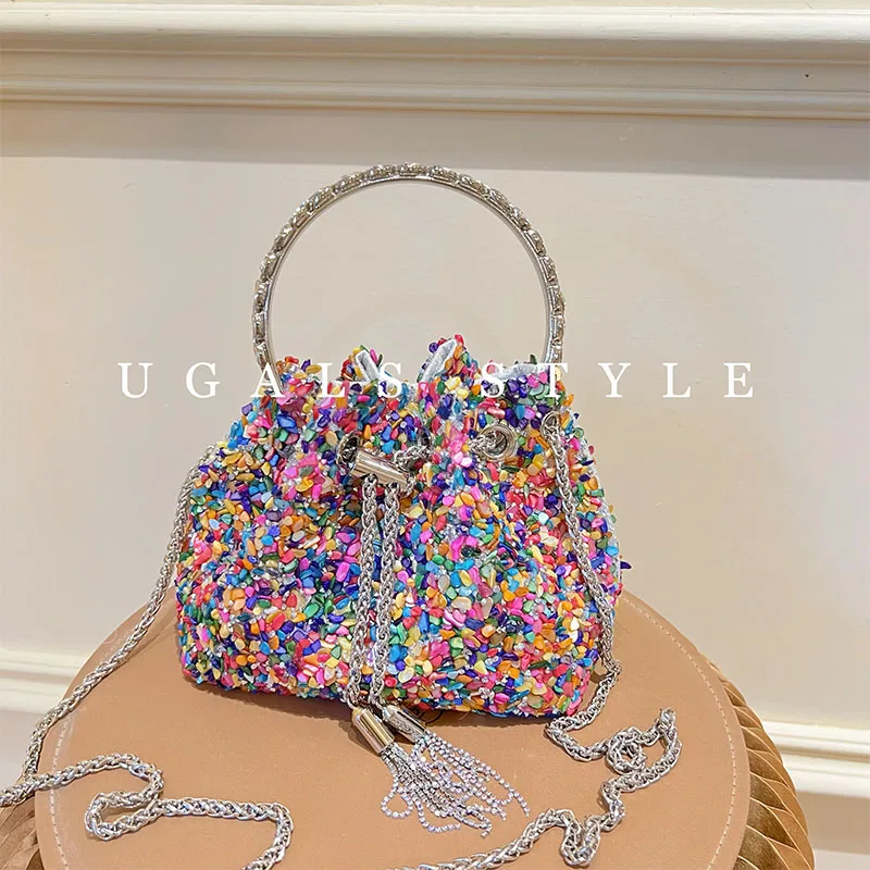 

Colorful Stones Evening Bag Metal Ring Handle Women Handbag Wedding Party Clutch Purse Banquet Dress Bag Shoulder Chain Bag