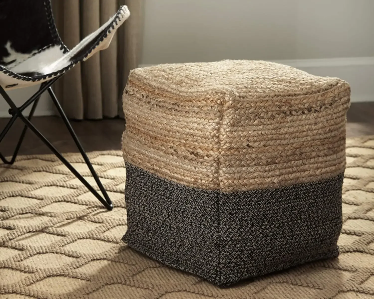 Sweed Valley Farmhouse Jute Braided Pouf, 17.5 x 20.25 inches, Natural & Black