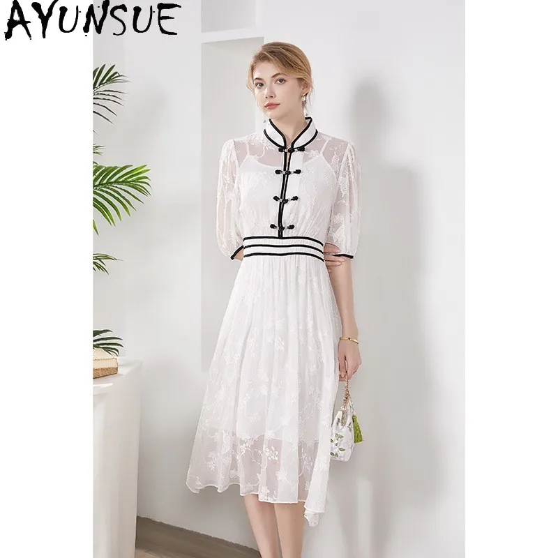 

AYUNSUE 100% Mulberry Silk White Dresses Woman Elegant Women's Dresses Summer Clothes Long Dresses Vestidos De Mujer 2024