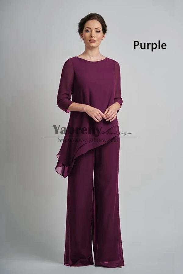 

2 Piece Mother of the Bride Pant Suits, Purple Chiffon Spring Women Elastic Waist Pant Outfits