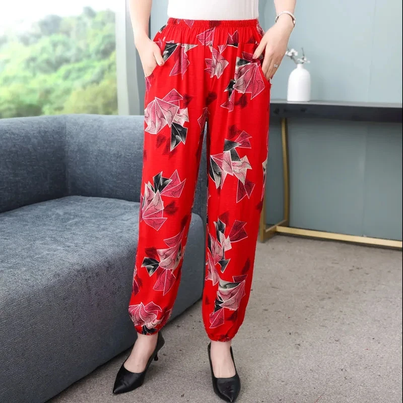 Spodnie Mom's Lantern Summer Vintage Floral Printed Cotton Silk Pants Middle Aged Women Elegant Trousers Casual Cropped Pantalon