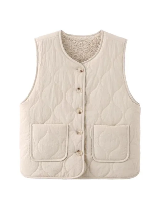 

Lamb Fur Vest Women's Casual Double-Sided Wear Warmth Thiened Autumn Winter Season round Ne Single Button Closure C...