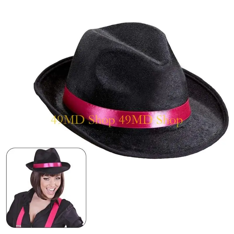 49MD Pink Belt Fedora Hat for Male Women Theme Party Hat with Roll Brims Costume Gentleman Top Hat Round Hat Stage Shows Hat