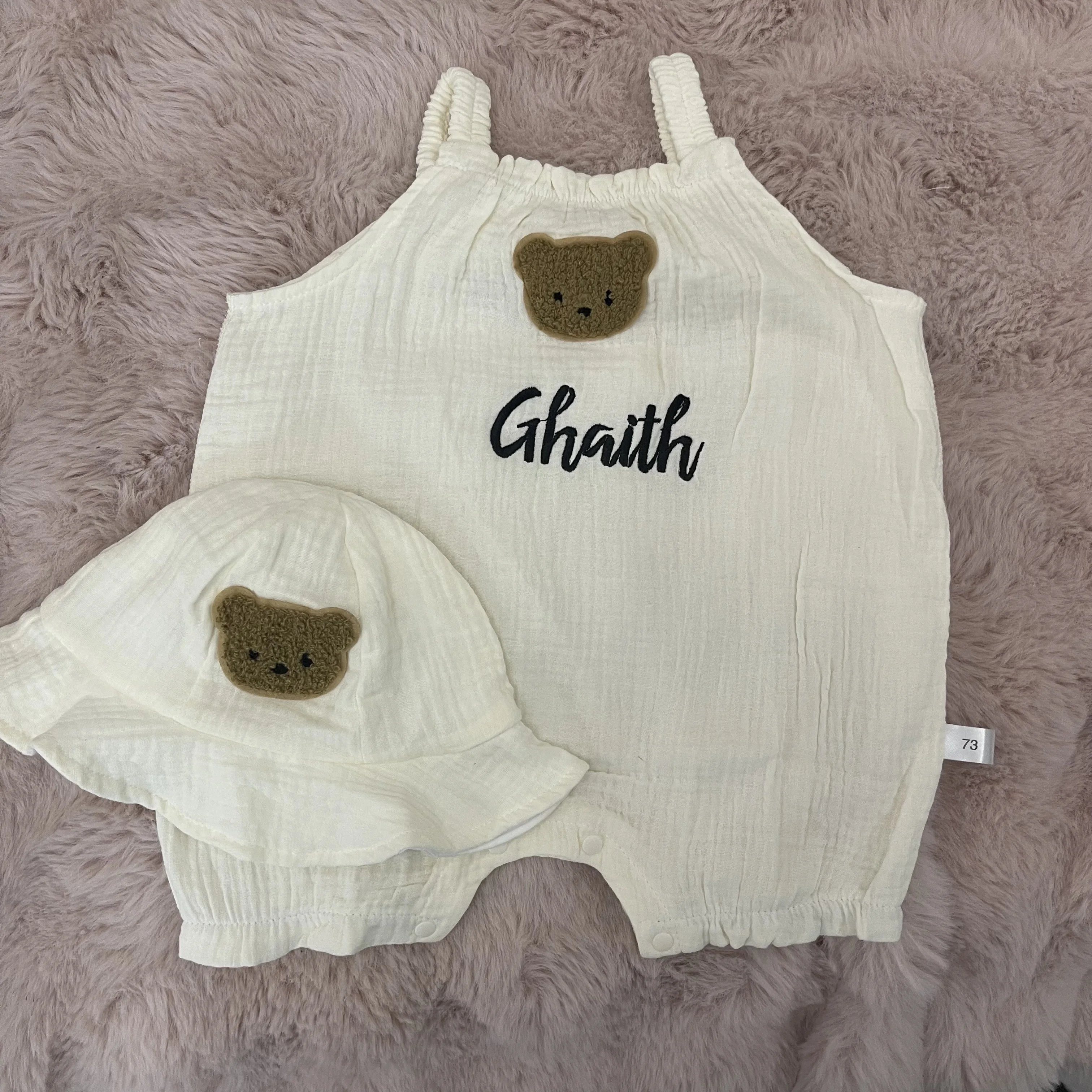 Customized Cute Teddy Bear Jumpsuit With Any Name, Embroidered Pure Cotton Newborn Boy/girl Jumpsuit With Hat