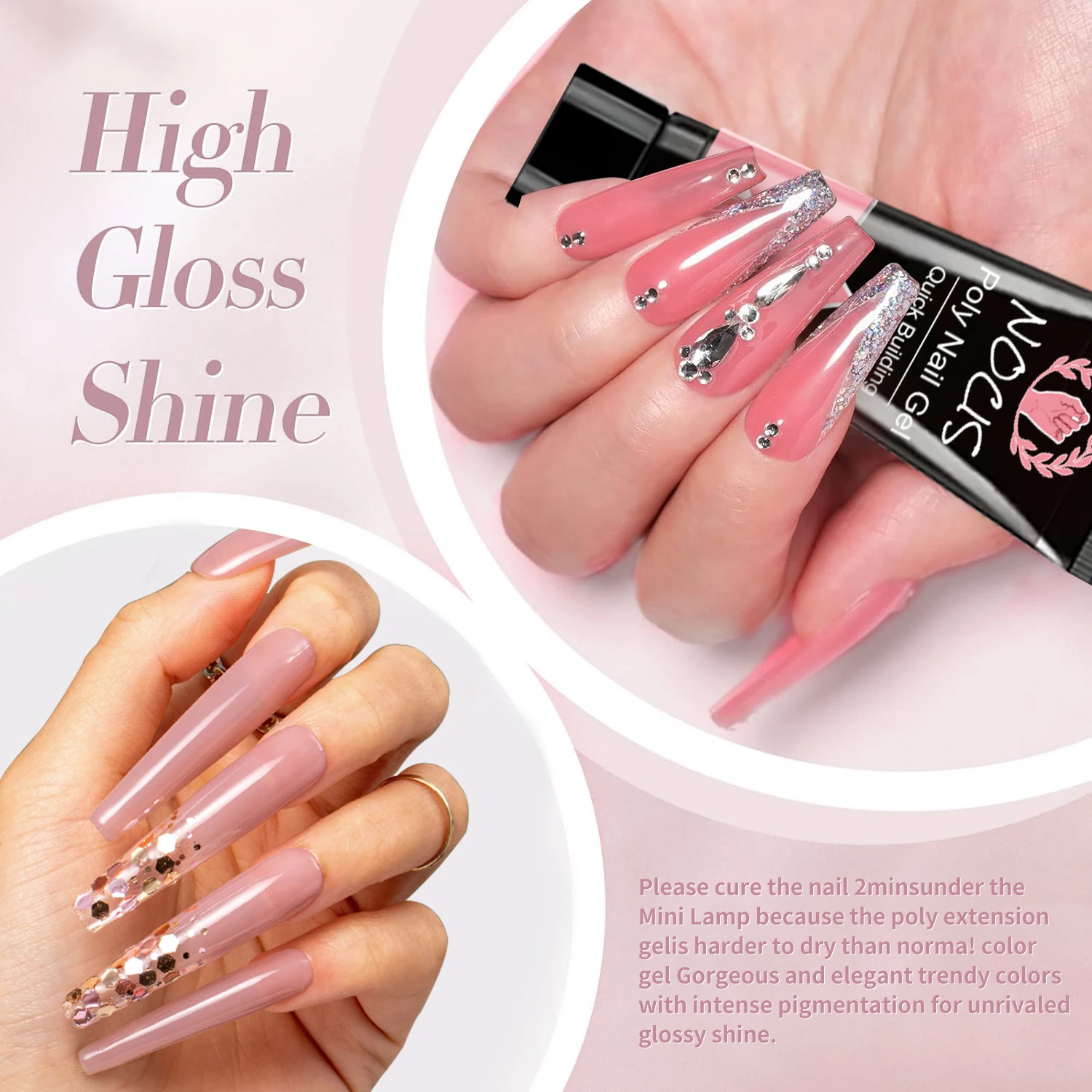 NOCIS Pink Poly Nail Gel Kit -12 Colors + Nail Art Accessories Kit Nude Shades Poly Nails Gel Starter Kit with Slip Solution