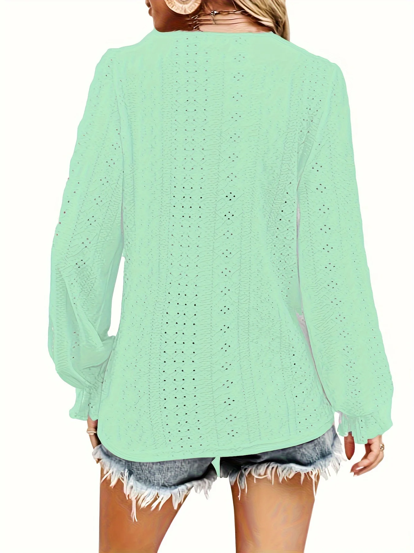 Plus Size T-Shirt mit Ösenknopf-Dekor, lässiges V-Ausschnitt-Langarm-Top für Frühling und Herbst, Damen-Oberteile in Übergröße