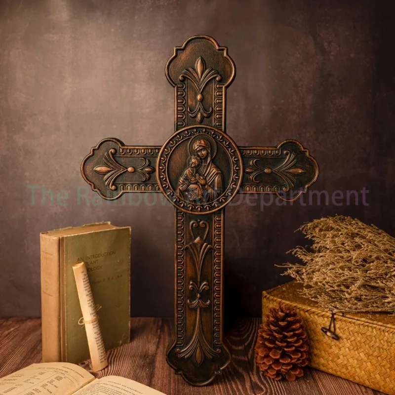 

Virgin Mary holding baby Jesus cross, wood carving, birth of Jesus Christ, religious figure, catholic wall cross, christmas gift