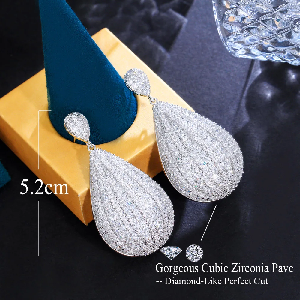 CWWZircons Shiny Full Cubic Zirconia Pave White Gold Color Long Dangling Big Water Drop Earring for Brides Wedding Pageant CZ555