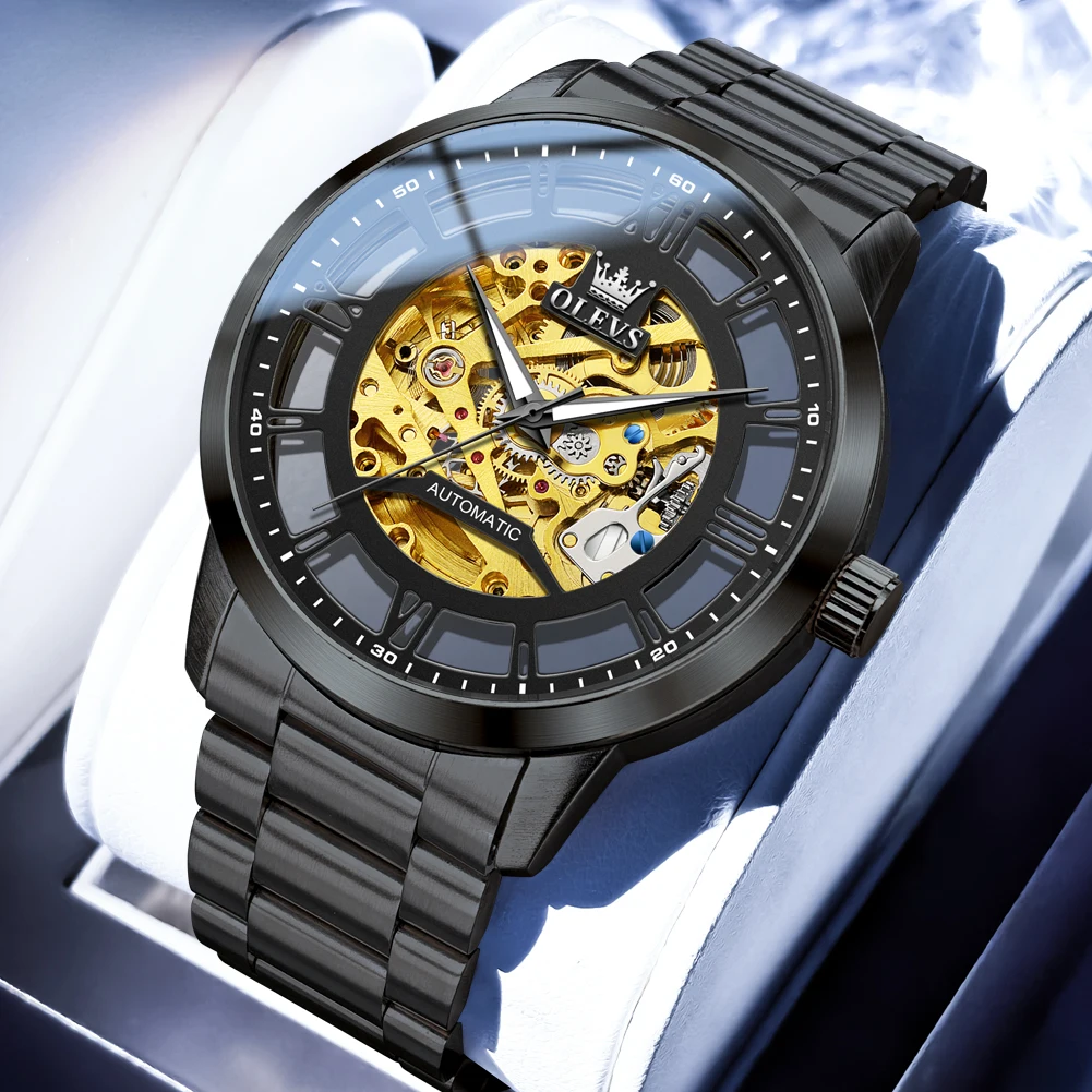 ساعة OLEVS أوتوماتيكية بهيكل عظمي شفاف للرجال بحركة ذهبية ماركة فاخرة ساعات ميكانيكية من الفولاذ المقاوم للصدأ باللون الأسود #1