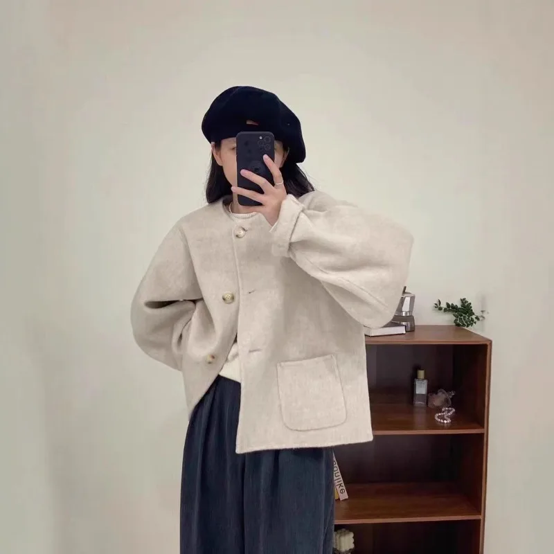 

Round Neck Double-sided Wool Coat Fashion Loose Single-breasted Solid Loose Women's Coat 2025 Autumn Winter