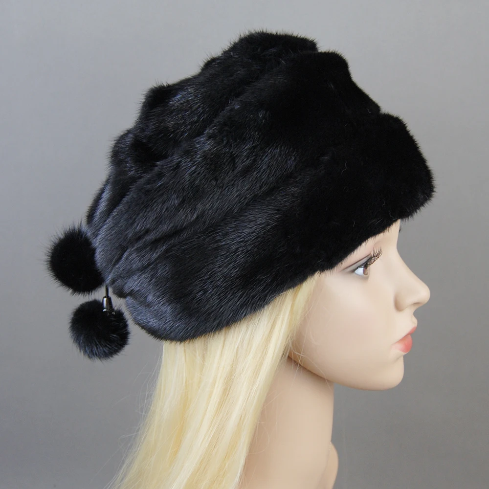 Mink Fur Hats Women Stylish Warm Natural Whole Mink Fur Luxury Winter Caps anti cold Snow Hat with balls head 55-62cm