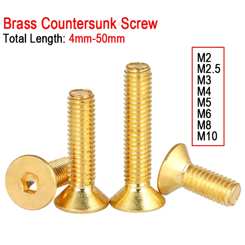 1/2/5~50pcs M2 M2.5 M3 M4 M5 M6 M8 M10 Brass Flat Screw Hexagon Hex Allen Socket Countersunk Head Screws Bolts Furniture screw