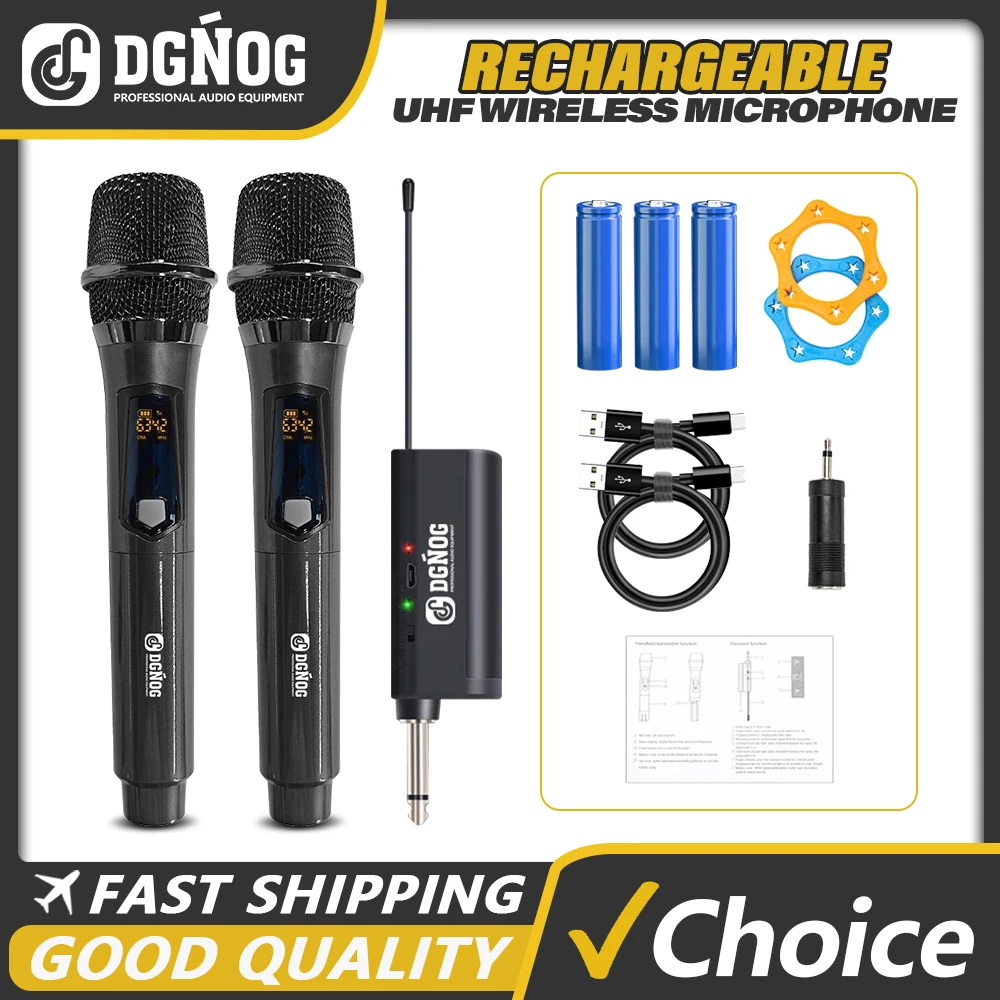 DGNOG Professional Dual Channel Wireless Microphone UHF Handheld Dynamic Karaoke Microphone for Home KTV Stage Performance