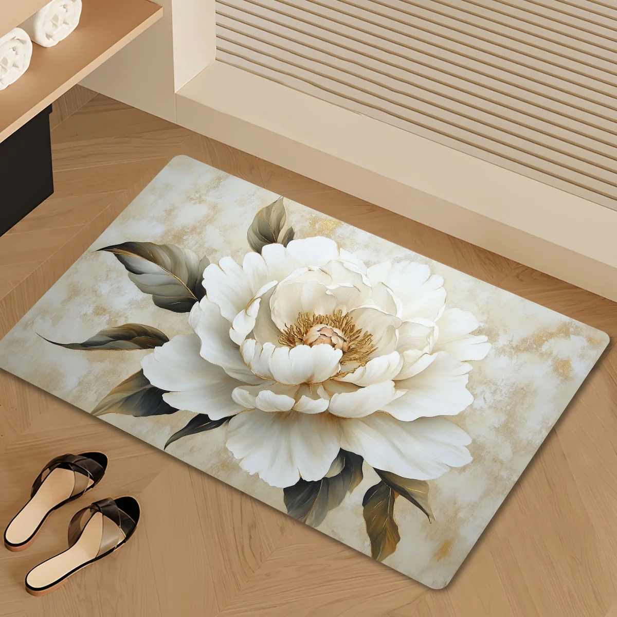 

1pc elegant white peony pattern floor mat, polyester fabric, perfect for bathroom, kitchen, living room, entryway