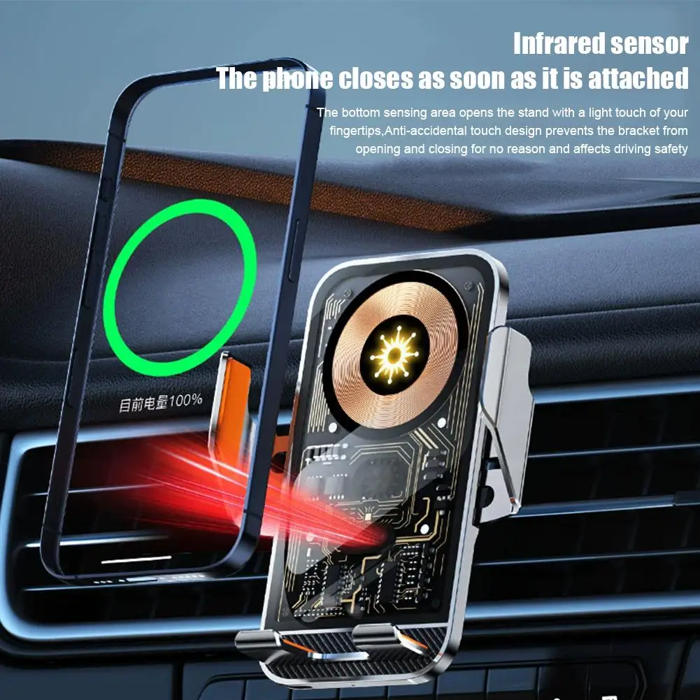 Car Phone Holder for iPhone 15W Car Mount Wireless Charger Infrared Induction Military Sturdy Firmly Grip Never Slip