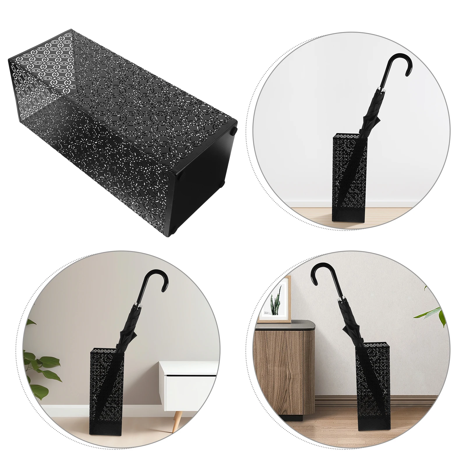 

Freestanding Square Metal Umbrella Bucket Clover Design Rain Umbrella Organizer Bin Entryway Office Black Flower Bucket