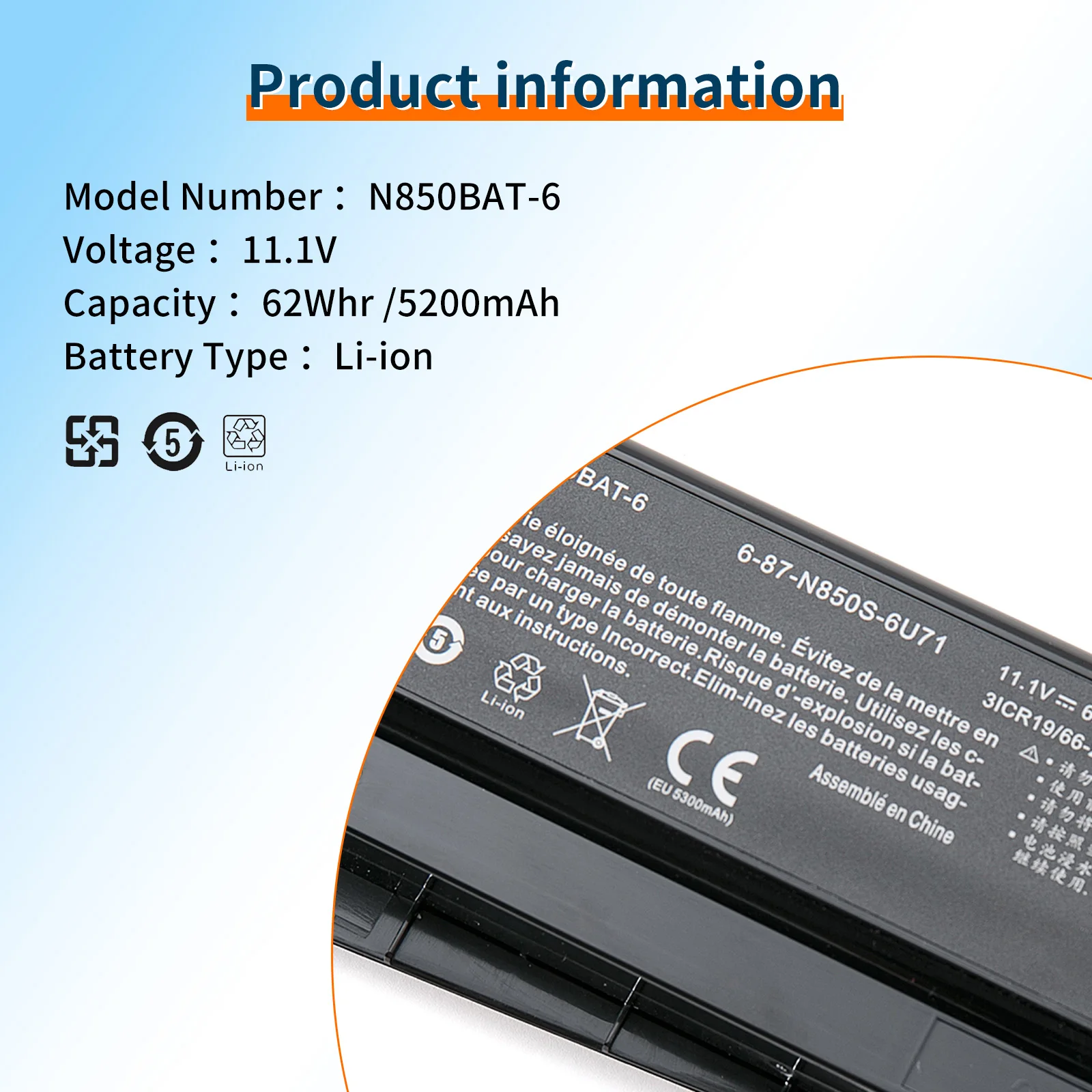 BVBH N850BAT-6 bateria do portátil, apto para netbook N850, N850HC, N850HJ, N870HC, N870HJ1, N870HK1, N850HJ1, N850HK1, N850HN, 11.1V, 62WH, 5500mAh