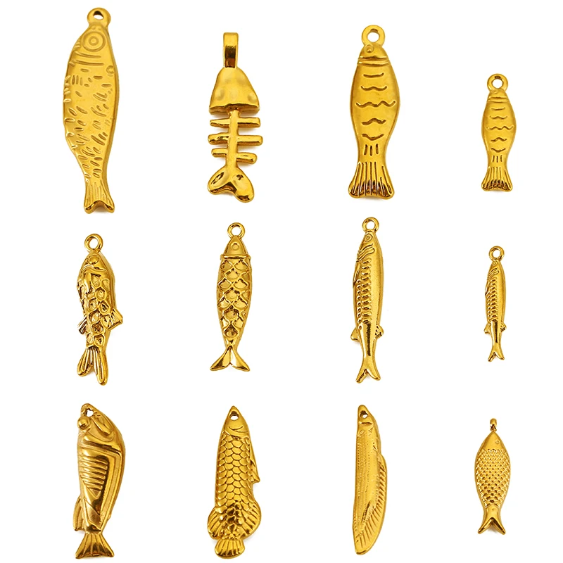 

5pcs Stainless Steel Gold Plated Vintage Fish Charm for Jewelry Making DIY Necklace Bracelet Stripe Fishbone Pendant Accessorie
