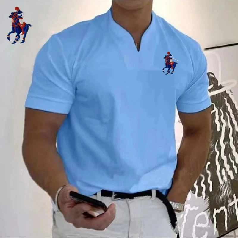 

New Men's Embroidered Cotton Short Sleeved V-neck Polo Shirt, Summer Fashion, Casual, Business Multifunctional Top