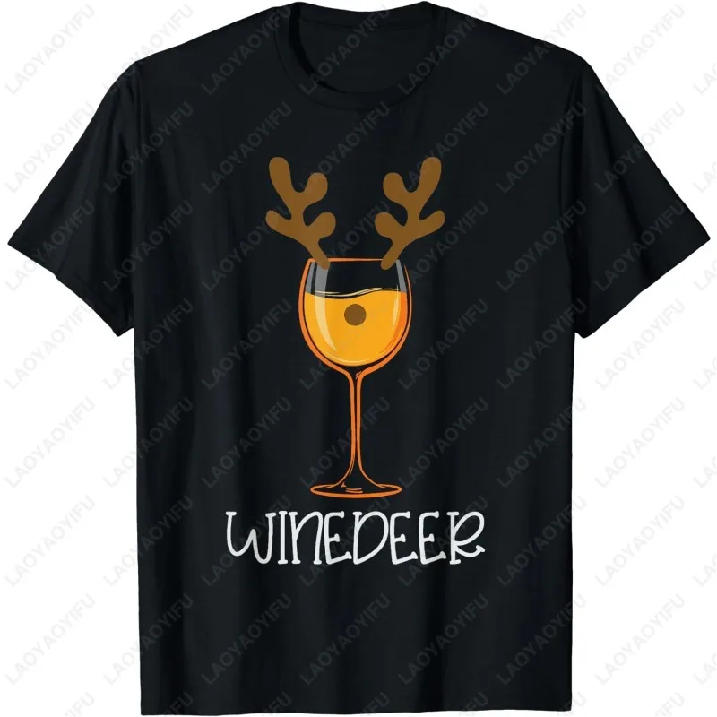 Wine Deer Funny Christmas Reindeer Nose Antlers Gift Unisex Tops Men Women High Quality Cotton Tees Cute Casual All Match Tshirt
