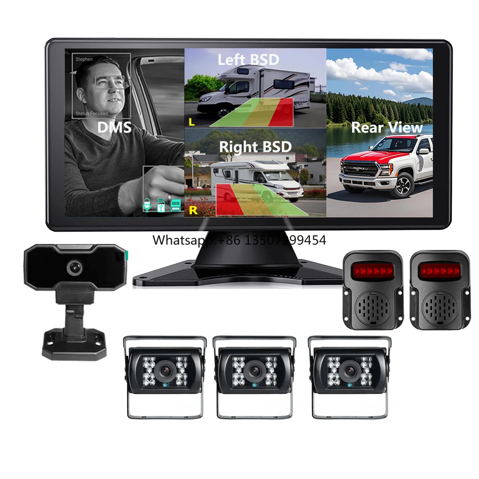 10.36 Inch Touch Screen Car Monitor DVR DMS BSD Ai Detection Backup Cameras Driver Fatigue Smoke Sleep Warning for Rv Caravan