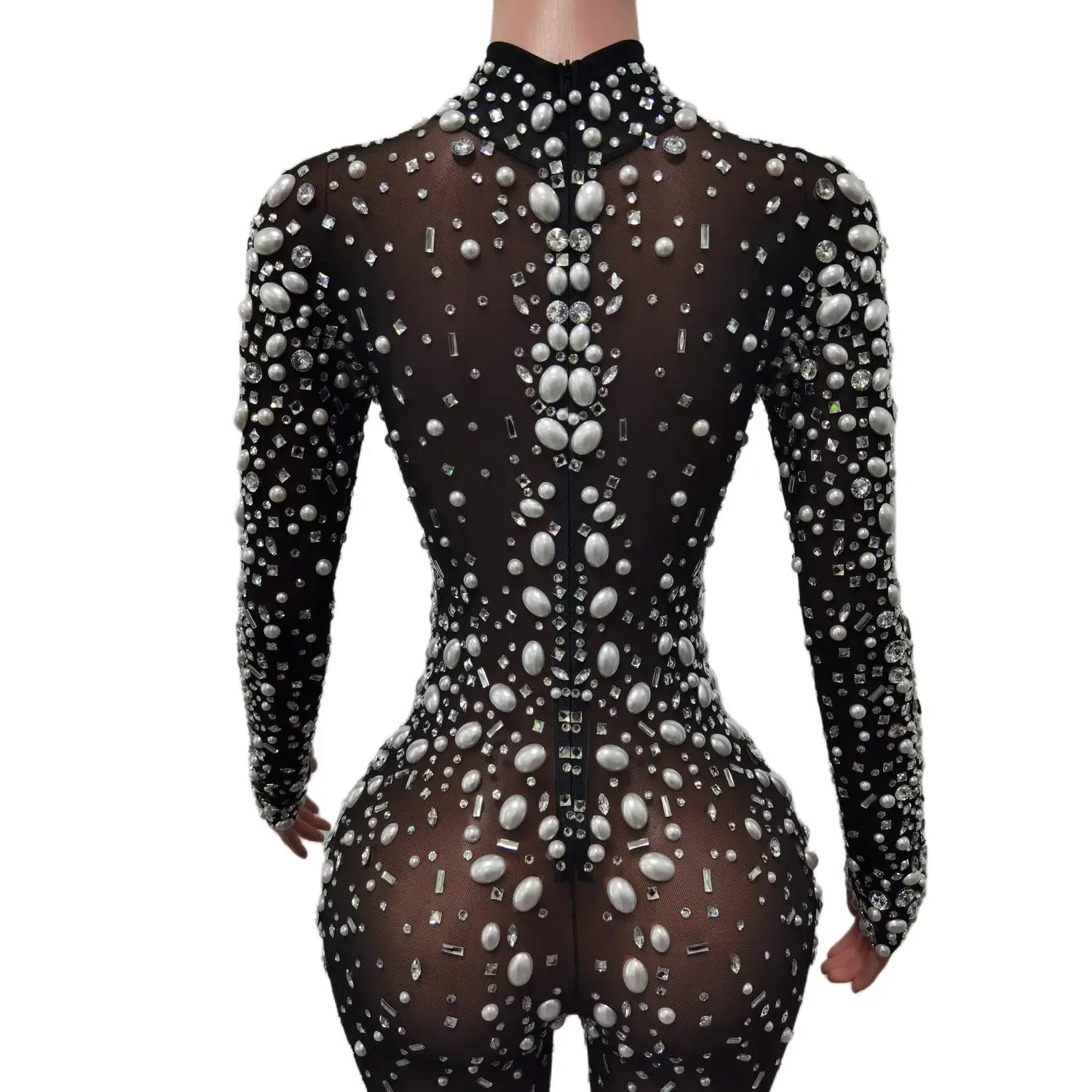 Women Sexy Rhinestones Transparent Black Jumpsuit Pearls Birthday Celebrate Dance Outfit Prom Women Photo Shoot Costume Tiaoliao