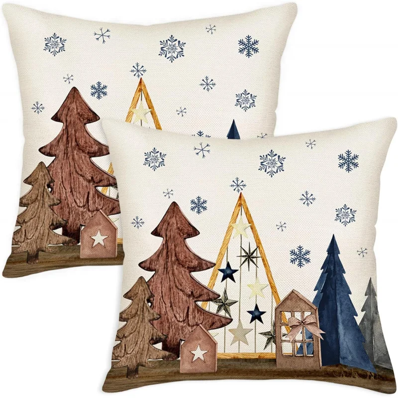 Christmas Pillowcase 2 pieces 24x24 inches blue brown snowflake winter vacation farmhouse home decoration sofa seasonal cushion