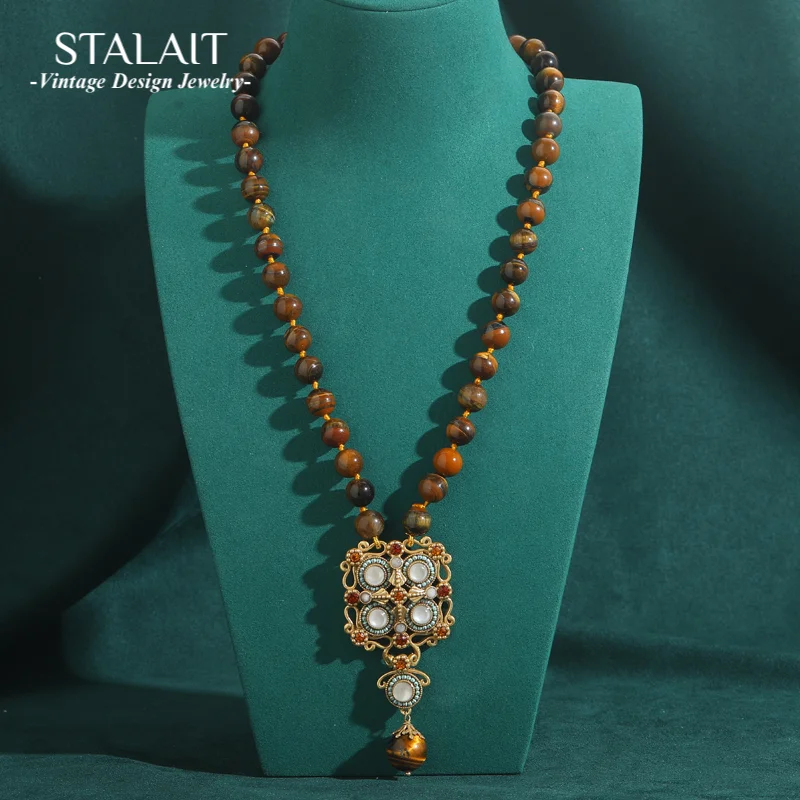 

Vintage Tiger'S-Eye Beads Necklaces For Woman Opal Pendant Rhinestones Brown Natural Stone Chain Antique Jewelry 2025