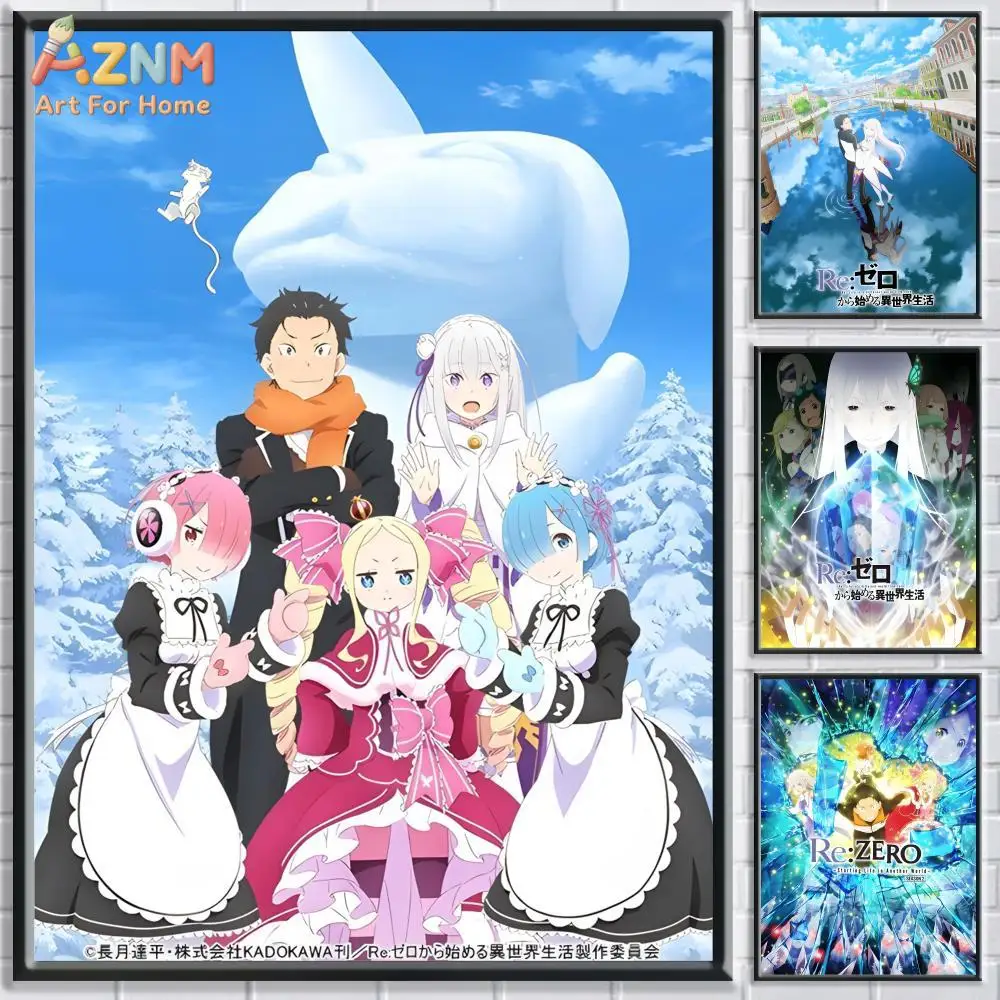 AZNM Re:Zero Anime Canvas Wall Art, Rem Emilia Ram Beatrice Subaru Print, Japanese Manga Home Decor