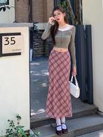 2023 Autumn Women Vintage Pink Mesh Plaid A-line Half Long Skirts Elastic High Waist Party Bodycon Wrapped Hip Skirt Female Chic