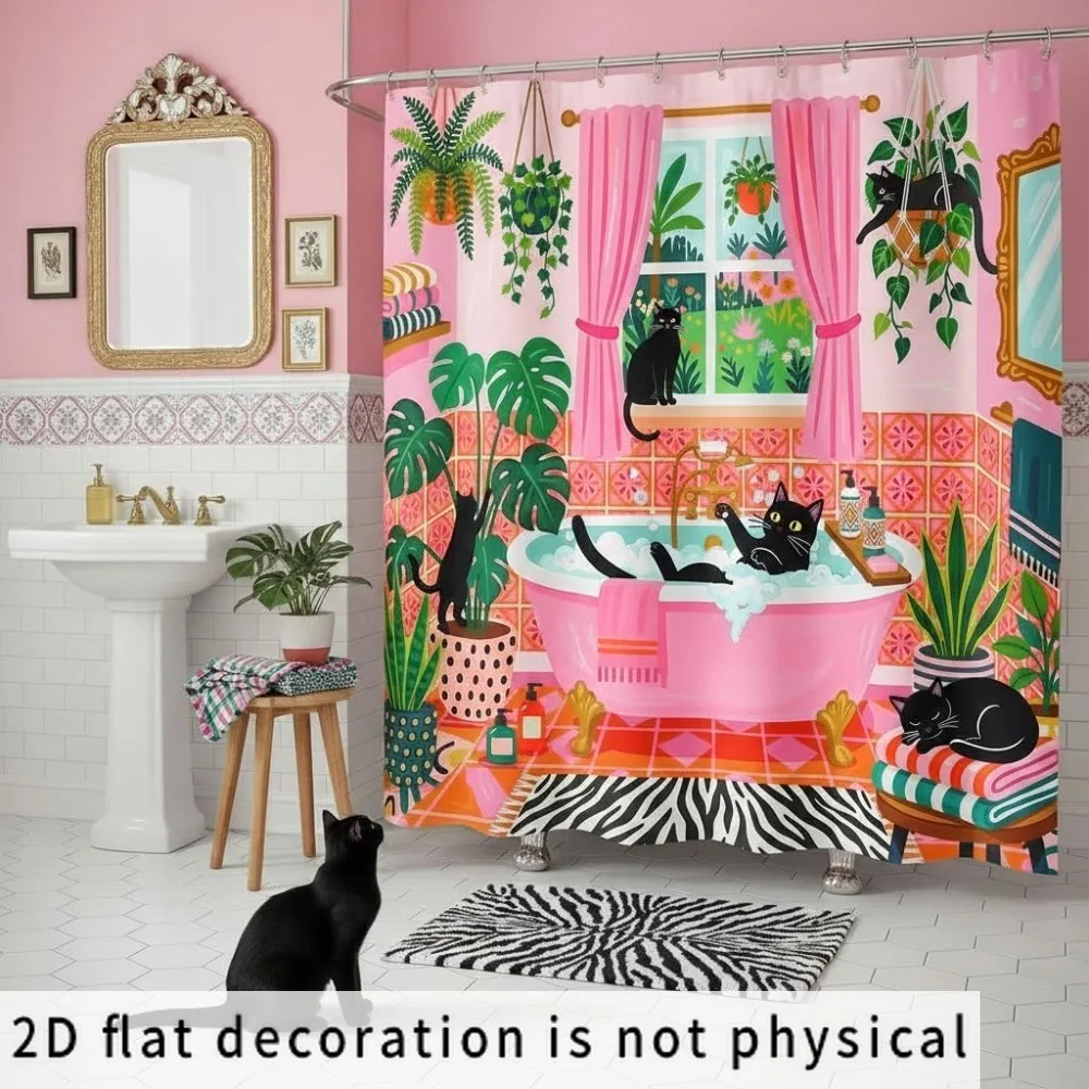 Whimsical Cat and Plant Pattern Shower Curtain Waterproof Bathroom Decor Liner Cute Tropical Kitty Shower Screen for Kids view 5