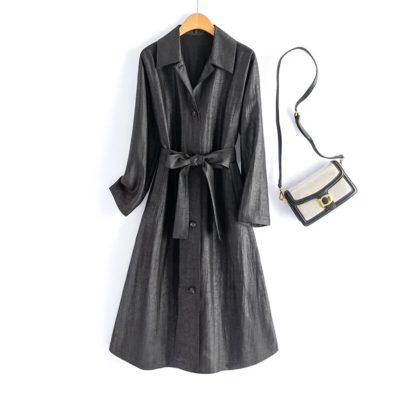 Women's Turtle Crack Gauze Fabric Trench Coat, 100% Mulbery Silk Coat, Slim, Lace-up, Singel Breasted, Mysterious, Turtle Crack