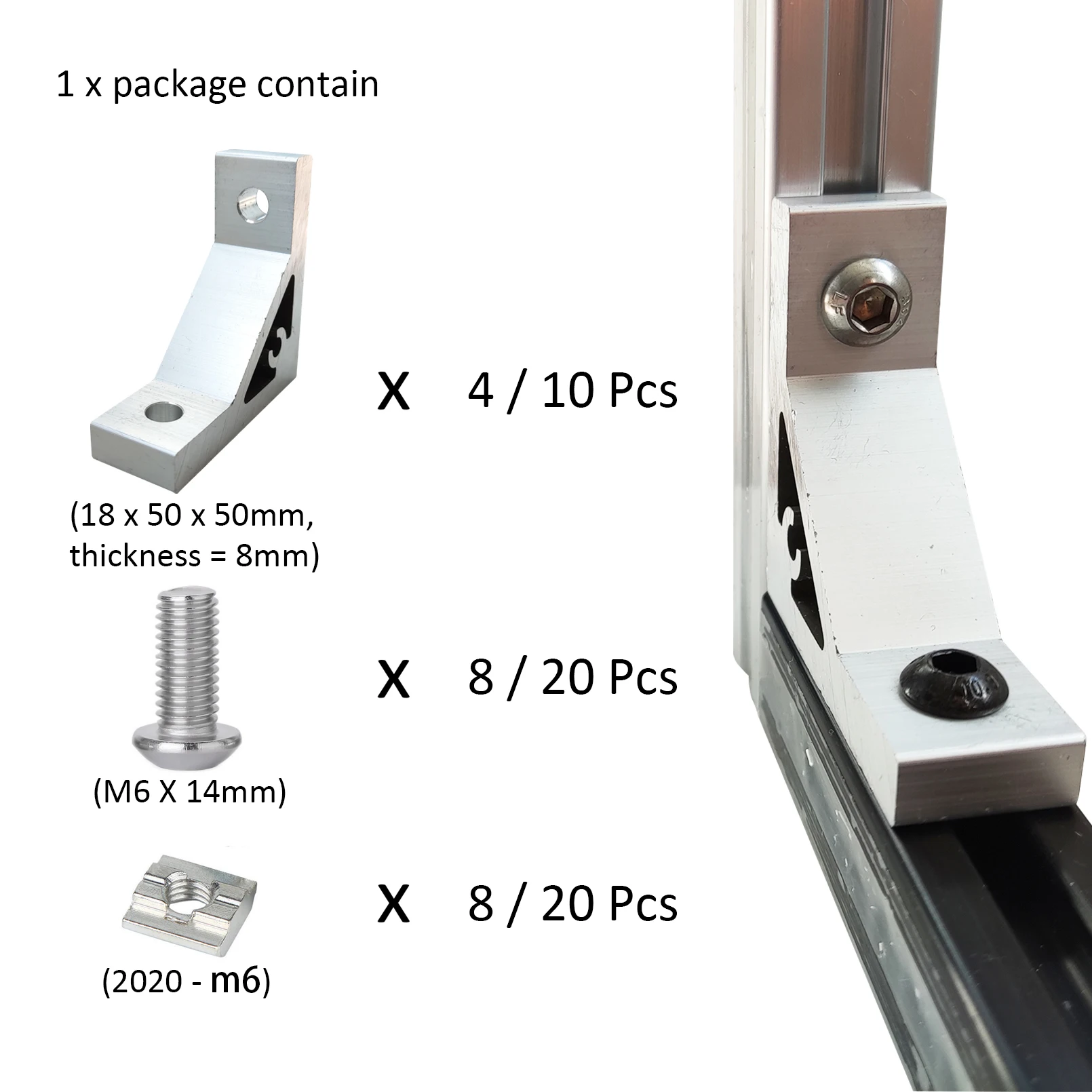 4/10 Sets Heavy 2020 Aluminum Extrusion L Corner Brackets with 20 Series Extruded Connectors Extru Profil Esquina Nut Bolts