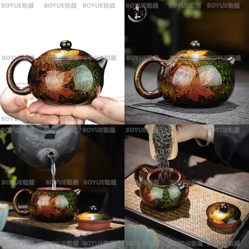 Handmade Fuzhou Lacquer Teapot Purple Sand Xishi Pot Chinese Maple Leaf Design Traditional Kung Fu Tea Set for Home Use