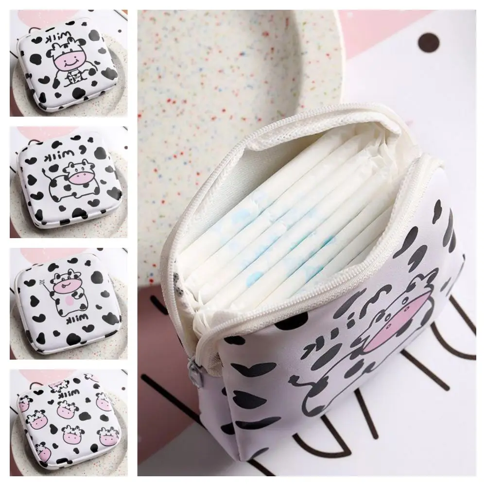 Multifunction Sanitary Napkin Storage Bag Black&white Cartoon Cow Makeup Bag PU Travel Supplies Storage Pouch Women Girl