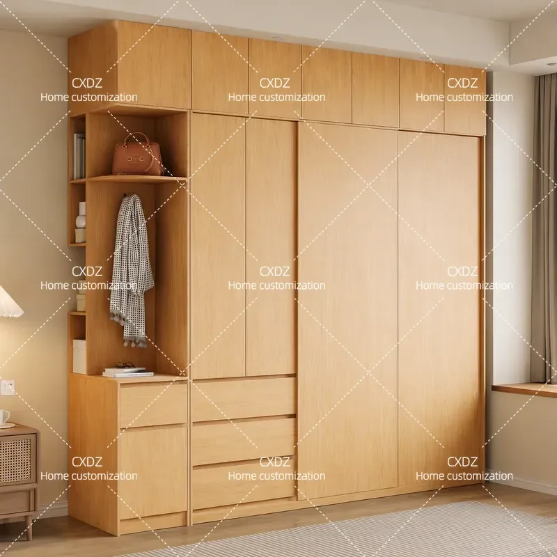 Oak Sliding Door Wardrobe Simple Style Bedroom Storage Cabinet With Drawers Log Color Finished Product Combination Closet