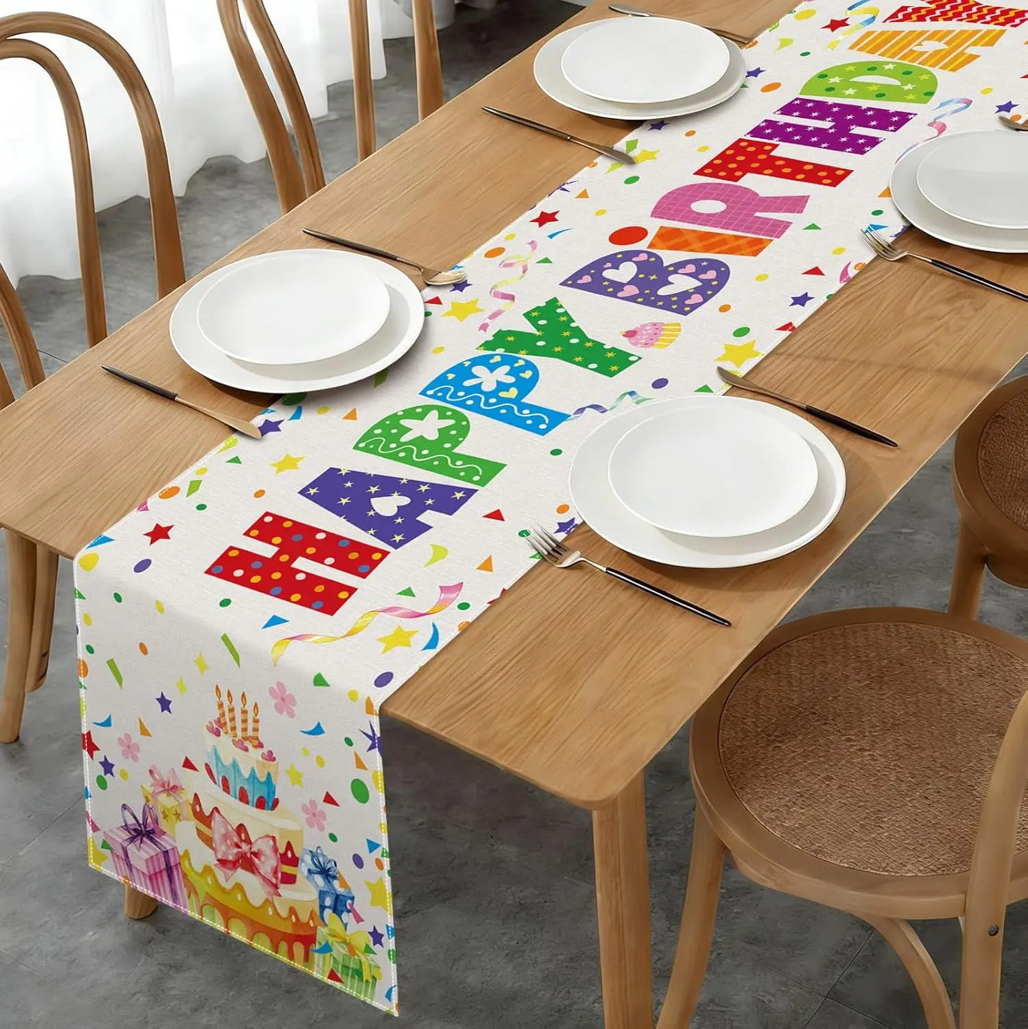 Happy Birthday Linen Table Runner Table Decor Colorful Cake Gift Confetti Kitchen Dining Table Runners Birthday Party Decoration