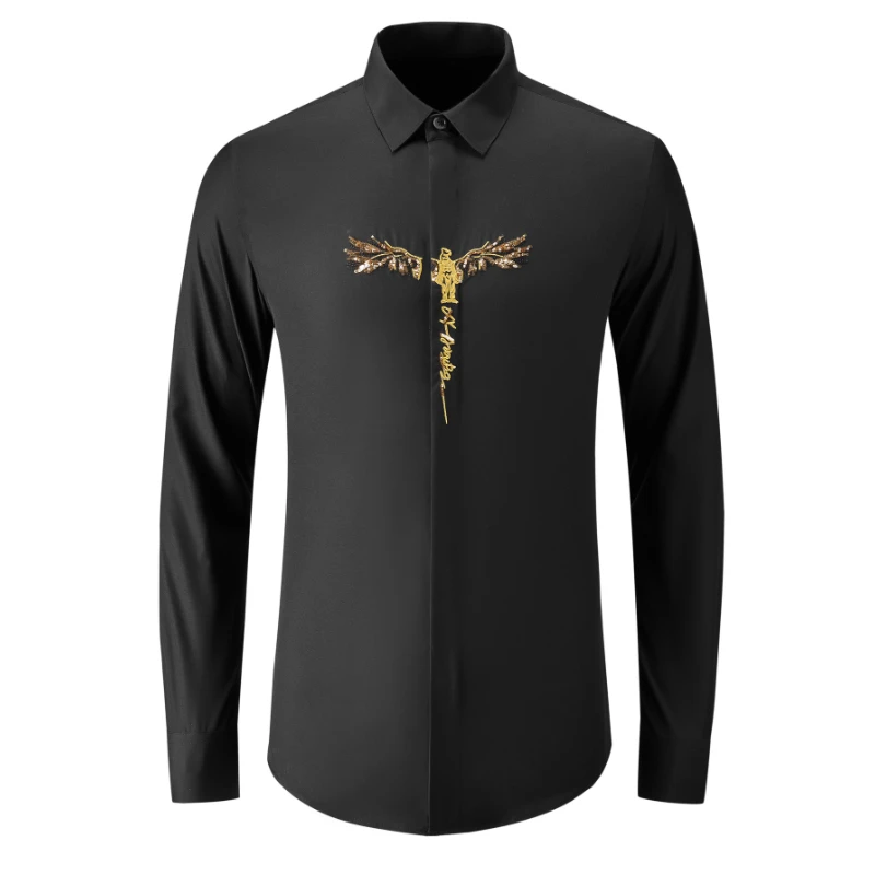 

2022 Cotton Male Shirts Luxury Long Sleeve Beaded Embroidery Eagle Mens Dress Shirts Fashion Slim Fit Party Man Shirts 4XL